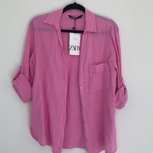 Pink linen button up shirt with gold buttons
